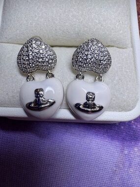 White and Silver Heart Drop Earrings with Crystal Tops NEW